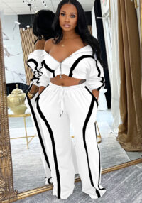 Women's Fashion Casual Sport Two-Piece Set Zipper Cropped Top + Loose Wide-Leg Pants