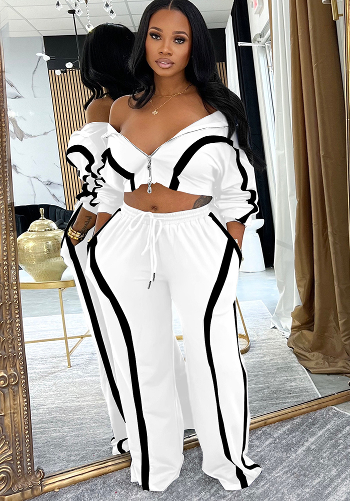 Women's Fashion Casual Sport Two-Piece Set Zipper Cropped Top + Loose Wide-Leg Pants