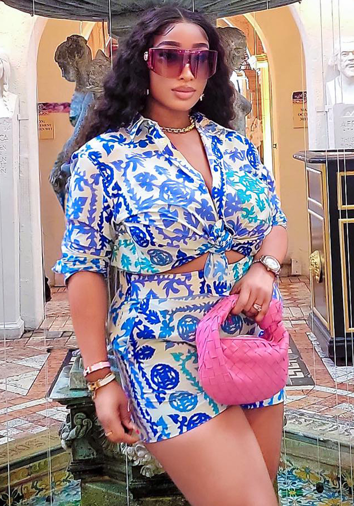 Women's Fashion Print Casual Long Sleeve Cardigan Shorts Pocket Two-Piece Set