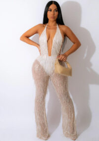 Women'S Fashion Sequined Tassel Mesh Halter Backless Nightclub Jumpsuit