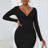 Women'S Fashion Solid Color Sexy Deep V Neck Long Sleeves Tight Fitting Bodycon Dress