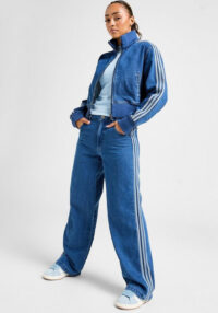 Women's Fashion Sporty Three-Stripe Ribbed Patchwork Denim Two Piece Pants Set
