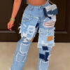 Women's Fashion Street Trend Patchwork Washed Distressed Straight Leg Loose Denim Pants