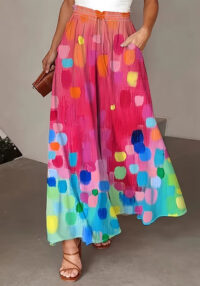 Women's Fashionable Elastic Slim Waist Wide Leg Contrast Color Pants