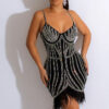 Women's Fashionable Sleeveless Beaded Feather Strap Club Dress