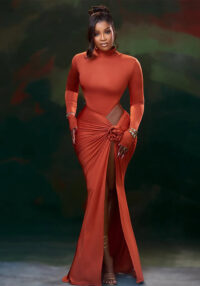 Women's Floral Ruffle Slit Stand Collar Hollow-Out Slim-Fitting Long Sleeve Solid Long Dress