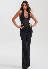 Women's Halter Neck Mesh Patchwork Elegant Bodycon Long Dress