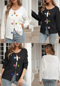 Women's Knit Outerwear Autumn Winter Lace-Up Bow Crochet Patchwork Cardigan