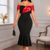 Women's Off-Shoulder Sexy Color-Blocking Party Dress with Flounce Hem Slim Fit Mermaid Evening Gown