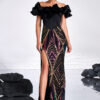 Women's Off Shoulder Slim Formal Party Dress Sequin Slit Long Evening Gown
