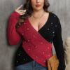 Women's Pearl Plus Size Contrast Color Cross Deep V Neck Sexy Sweater