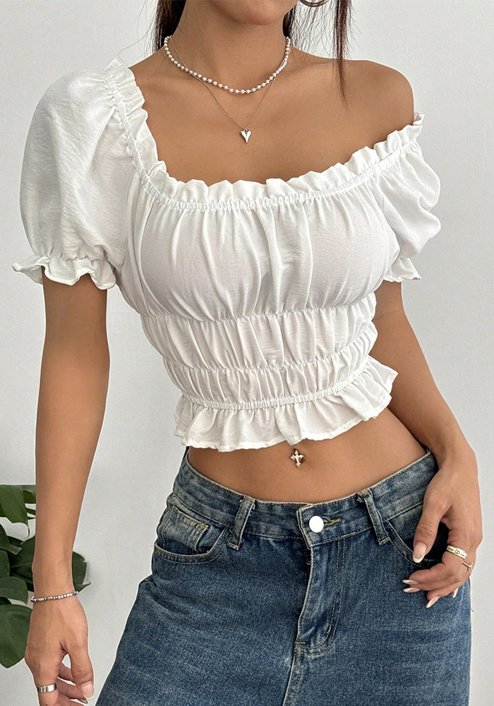 Women's Ruffled Slim Waist Cropped Lace Top