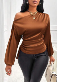 Women's Satin Shirt Asymmetric Slash Shoulder Long-Sleeve Blouse