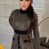 Women's Sexy Button Houndstooth Gold Thread Jacquard Long Sleeve Mini Slim Dress