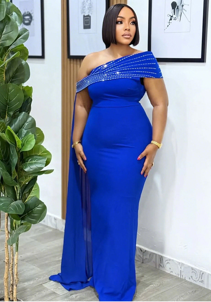 Women's Slash Shoulder Beaded Sexy Slim Fit Long Dress