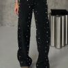 Women's Slight Stretch Beaded Casual Black Denim Straight Leg Pants