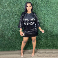 Women'S Spring Round Neck Loose Sequined Letter Casual Dress