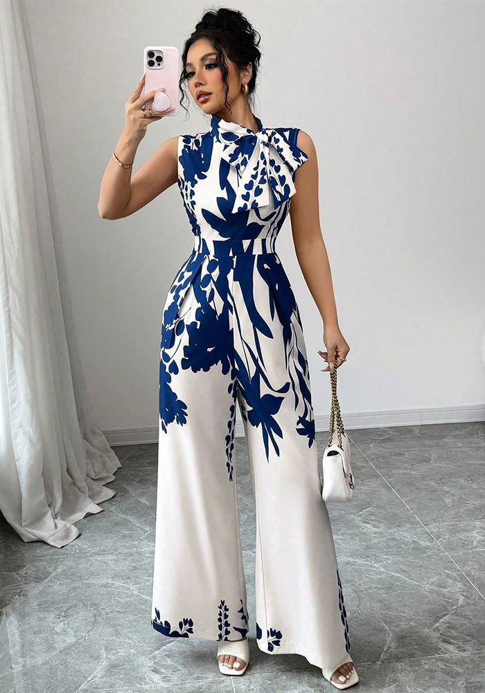 Women's Spring Summer Holidays Chic Print Sleeveless Tie Waist Wide Leg Jumpsuit
