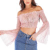 Women's Spring & Summer Off-The-Shoulder Bell Sleeve Sheer Lace Ruched Sexy Crop T-Shirt