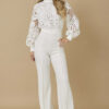 Women's Style Lace Trim Patchwork Long Sleeve Casual Wide-Leg Jumpsuit