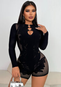 Women's Summer Lace Cut-Out Rhinestone-Embellished Long Sleeve Solid Color Slim-Fit Jumpsuit