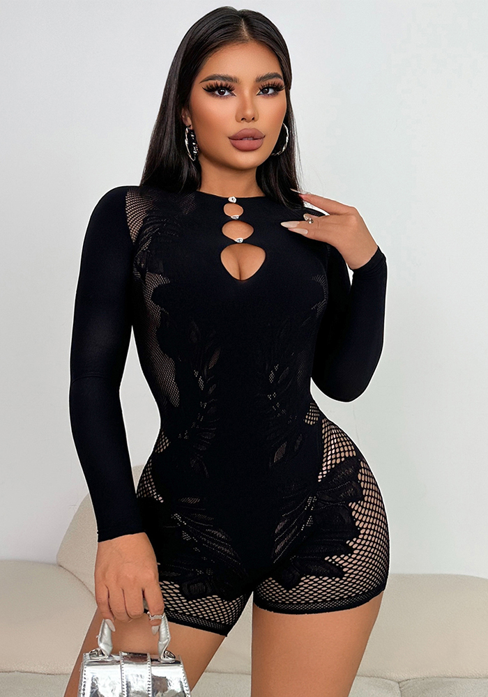 Women's Summer Lace Cut-Out Rhinestone-Embellished Long Sleeve Solid Color Slim-Fit Jumpsuit