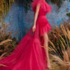 Women's Summer Style Slash Shoulder Pleated Mini Dress Mesh Trailing Formal Party Dress