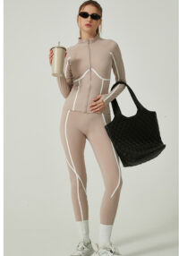 Yoga Set Women Casual Sportswear Autumn Winter Color Block Long Sleeve Jacket Pants Yoga Suit