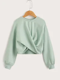 SHEIN Tween Girl Casual Solid Color Twist Front Drop-Shoulder Long Sleeve Sweatshirt,In Fall/Winter