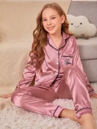 Tween Girl Letter Graphic Contrast Binding Lapel Collar PJ Set