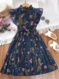 SHEIN Tween Girl Floral Print Ruffle Trim Pleated Hem Belted Dress