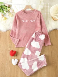 Tween Girl Eyelash Embroidery Flannel Top & Cloud Print Pants PJ Set