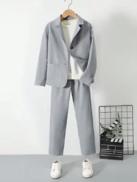 SHEIN Tween Boy 2pcs/Set Casual Suit Jacket And Long Pants, Suitable For Job Interview And Wedding