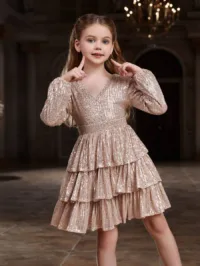 Tween Girl Sequined V-Neck Lantern Sleeve Tiered A-Line Tulle Formal Gown