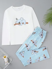 Tween Girls' Light Blue Koala Print Sleep Pants With White Crewneck Long Sleeve Top 2pcs Casual Homewear Set
