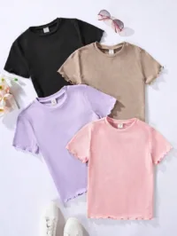 SHEIN Vintaside Kids 4pcs/Set Solid Color Round Neck Short Sleeve T-Shirt For Tween Girls, School, Campus, College Summer Holiday