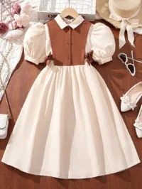 SHEIN Tween Girls' Short Sleeve Shirt Collar Color Block 2 In 1 Dress With Side Tie