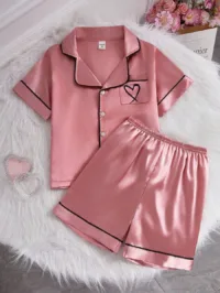 Tween Girl Light Pink Heart Print Short Sleeve T-Shirt And Shorts Home Wear Set