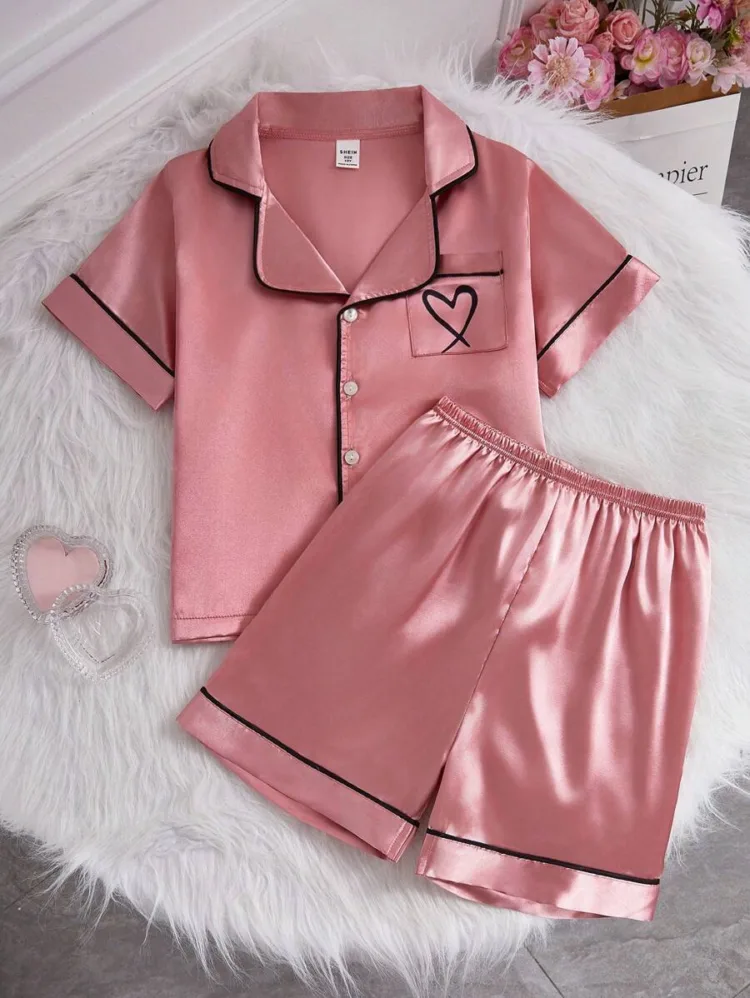 Tween Girl Light Pink Heart Print Short Sleeve T-Shirt And Shorts Home Wear Set