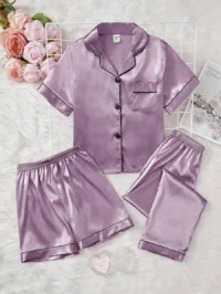 3pcs Tween Girl Simple Plain Fabric Long Pants, Shorts & Polo Short Sleeves Pajama Set