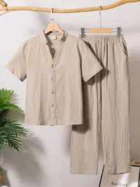 SHEIN 2pcs Boys' Loose Casual Stand Collar Woven Solid Color Short Sleeve Shirt And Pants Set