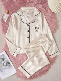 2pcs Tween Girls' Simpilistic Champagne Striped Long Sleeve Cardigan And Pants Pajama Set