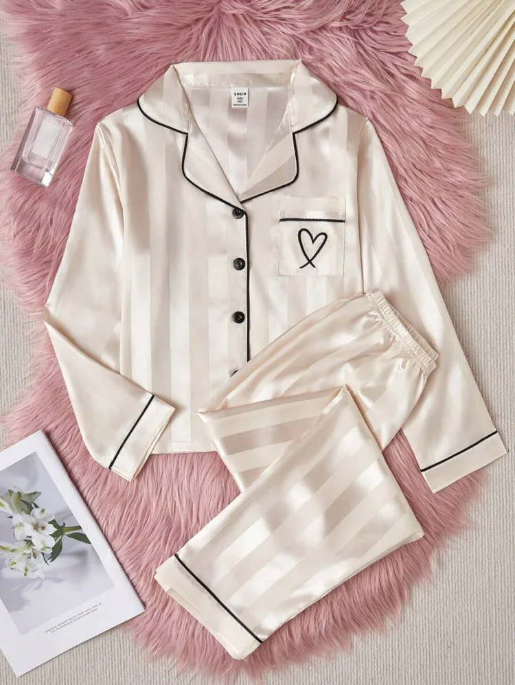 2pcs Tween Girls' Simpilistic Champagne Striped Long Sleeve Cardigan And Pants Pajama Set