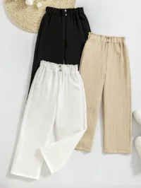 3pcs/Set Tween Girl Casual Solid Color Stud Closure Long Pants, Autumn