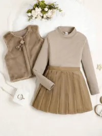 Tween Girls' Fuzzy Vest, Ribbed Stand Collar Top And Pleated Skirt 3-Piece Casual Set, Autumn/Winter