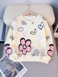 SHEIN Tween Girls' Loose Casual Round Neck Pullover Cartoon Pattern Soft And Minimalist Long Sleeve Sweatshirt,In Fall/Winter