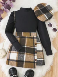 SHEIN 2pcs Tween Girls Solid Stand Collar Puff Sleeve Top And Plaid Skirt Set, Spring Autumn
