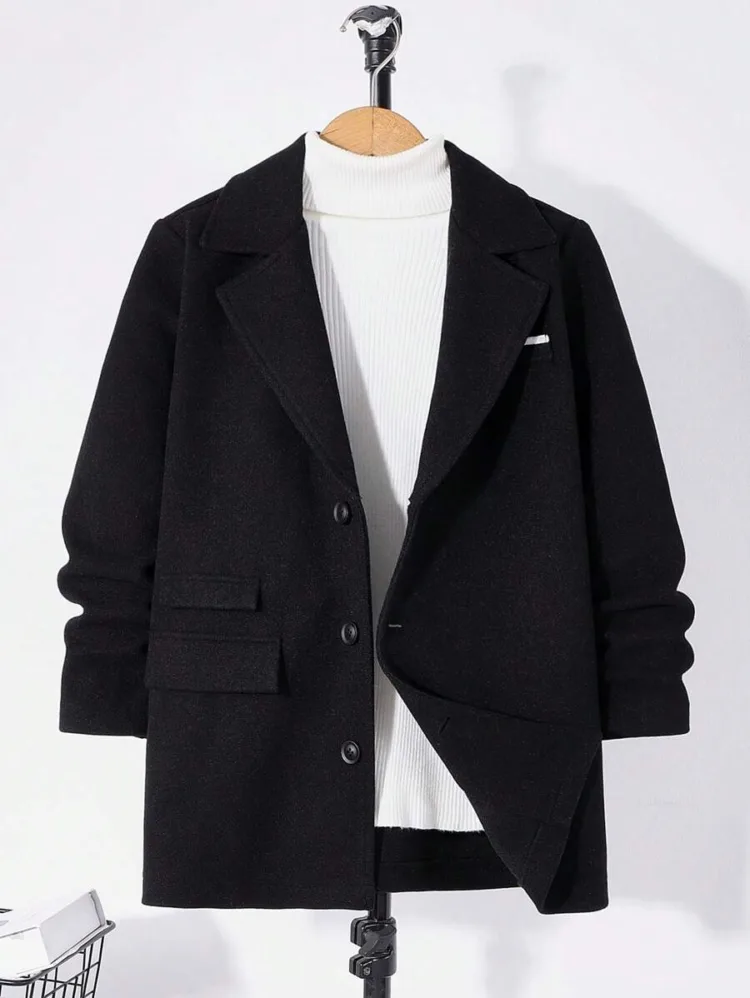 Tween Boy Casual Collegiate Contrast Tape Fake Pocket Mid-Length Coat Jacket, Suitable For Autumn, Spring And Winter, Suitable For Outdoor Play, School, Street, Party And Home Leisure, High Cost-Performance