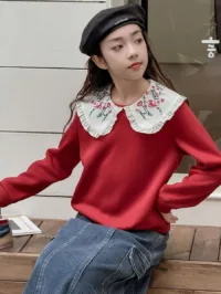 Tween Girl White Peter Pan Collar Flower Print Patchwork Red Sweatshirt, For Christmas