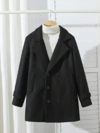 Tween Boy Elegant Gentlemanly Overcoat For Older Boys, Simple Double-Breasted Design, Notch Lapel, Soft & Comfortable Fabric, Suitable For Autumn & Winter, Can Be Easily Paired With Other Items For Stylish & Versatile Look, Ideal For Parties, Holidays, School Events And Everyday Wear,Holiday,Summer,Travel